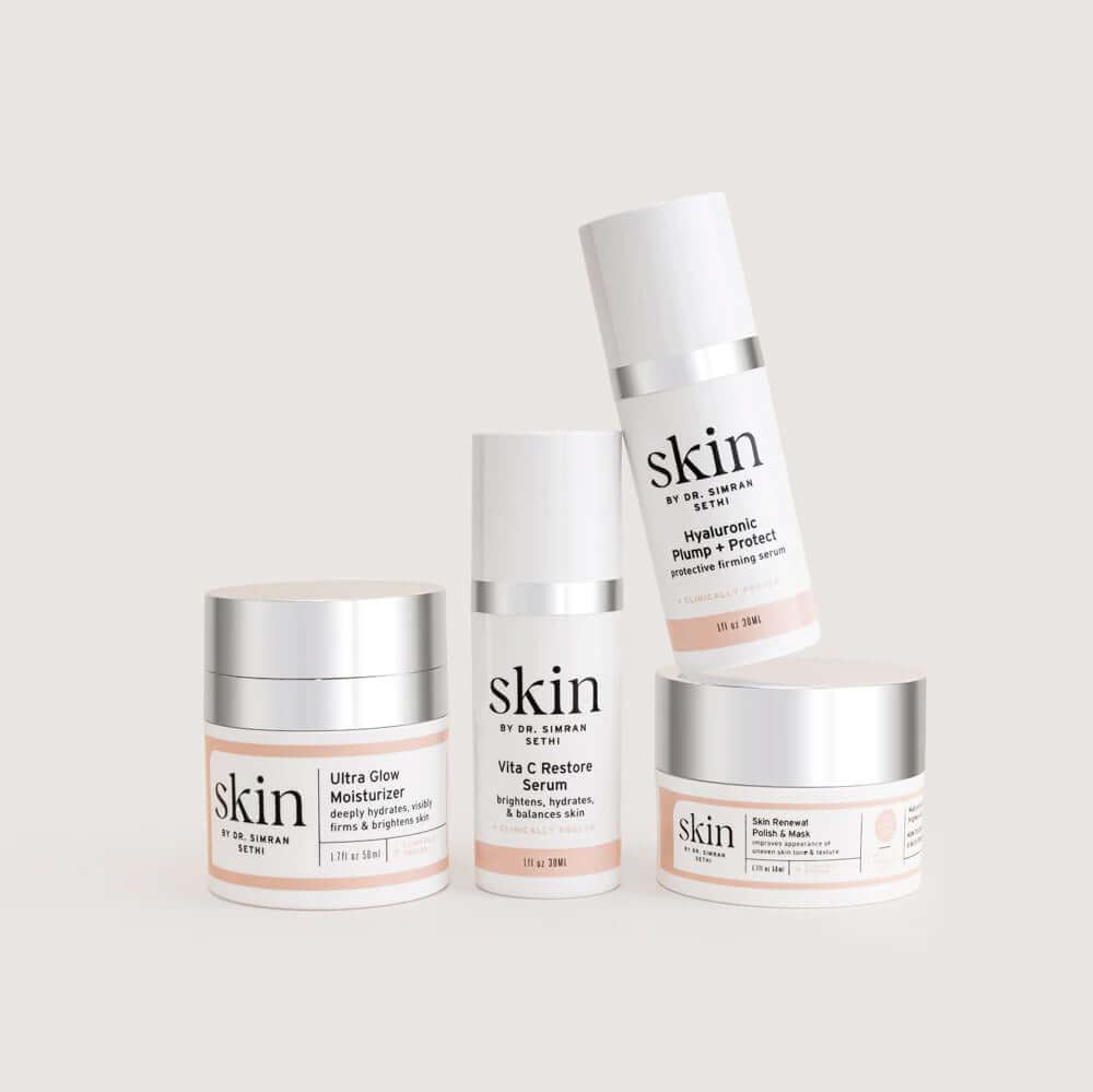The Brightening System - Ultra Glow Moisturizer, Vita C Restore Serum, Hyaluronic Plump & Protect, Skin Renewal Polish & Mask - SKIN by Dr. Simran Sethi