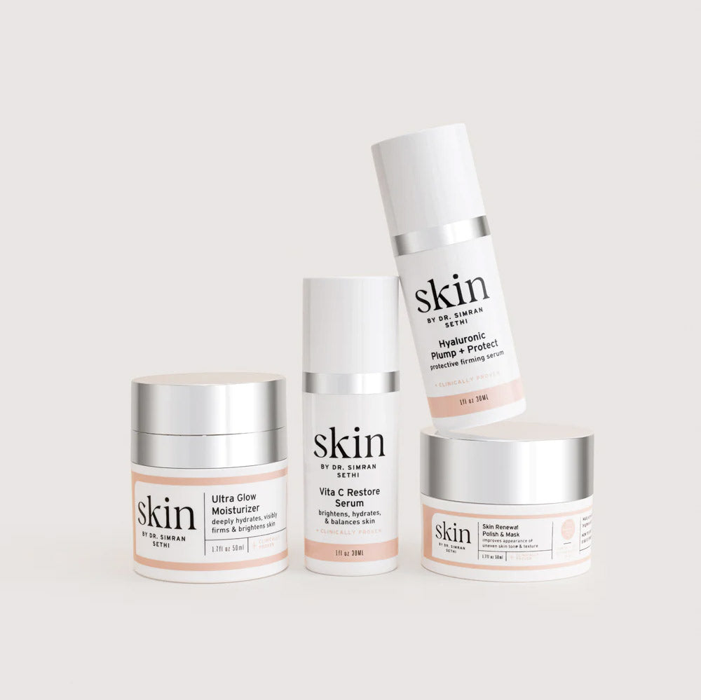 The Brightening System - Ultra Glow Moisturizer, Vita C Restore Serum, Hyaluronic Plump & Protect, Skin Renewal Polish & Mask - SKIN by Dr. Simran Sethi